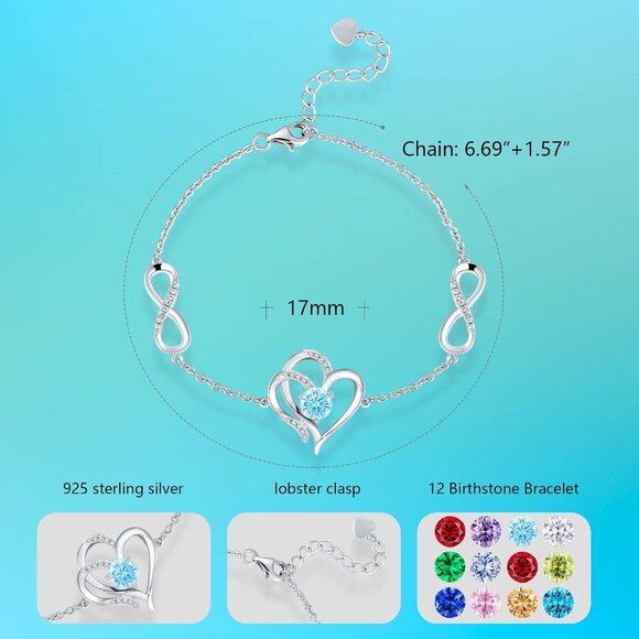 Infinity Love Heart Birthstone Silver Bracelet for Women, 12 Colors, Gift Idea - Picture 3 of 6